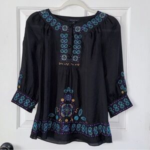Banana Republic Black Blouse with Blue and Purple Embroidery. Sz XS.
